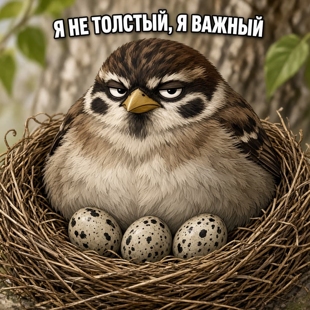 Мем: важный воробей с яйцами в гнезде